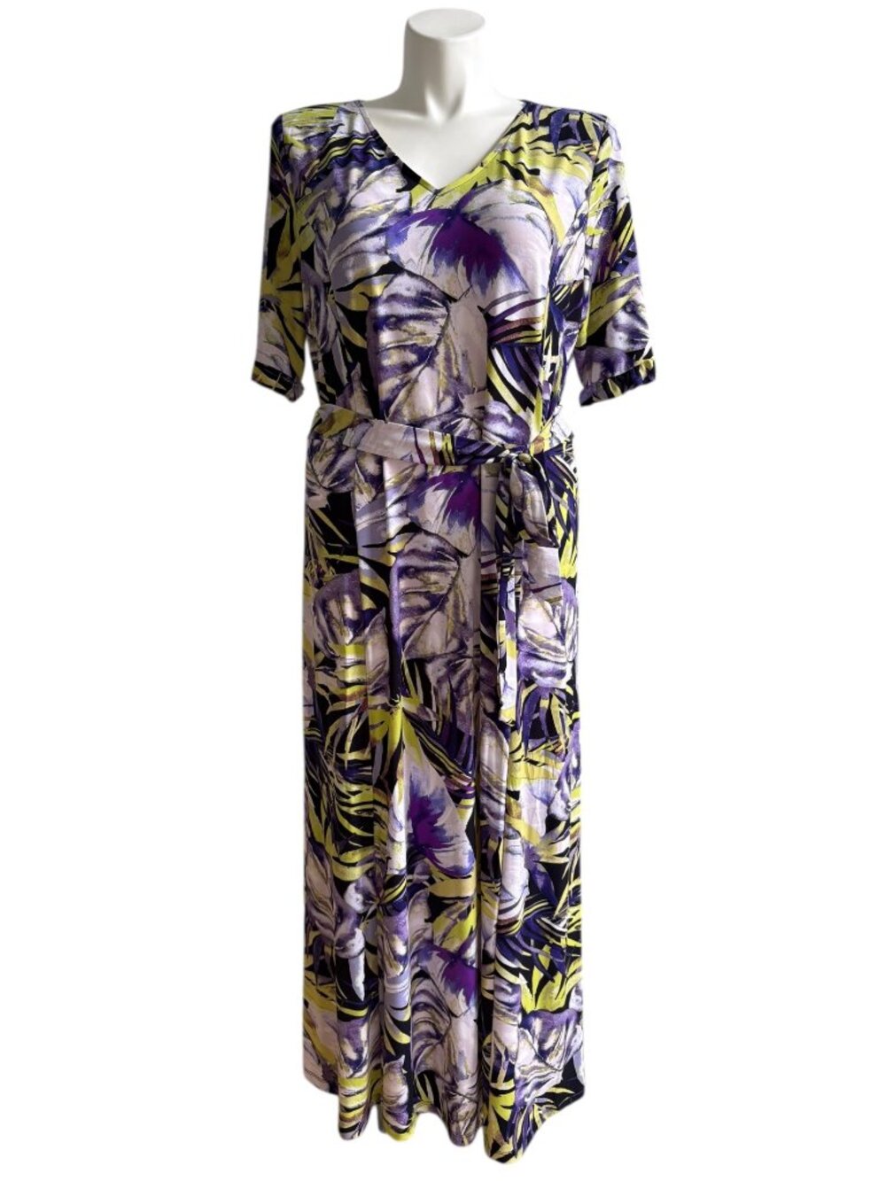 Susan Graver Womens Liquid Knit Belted V-Neck Maxi Dress Botanical Print Size XL